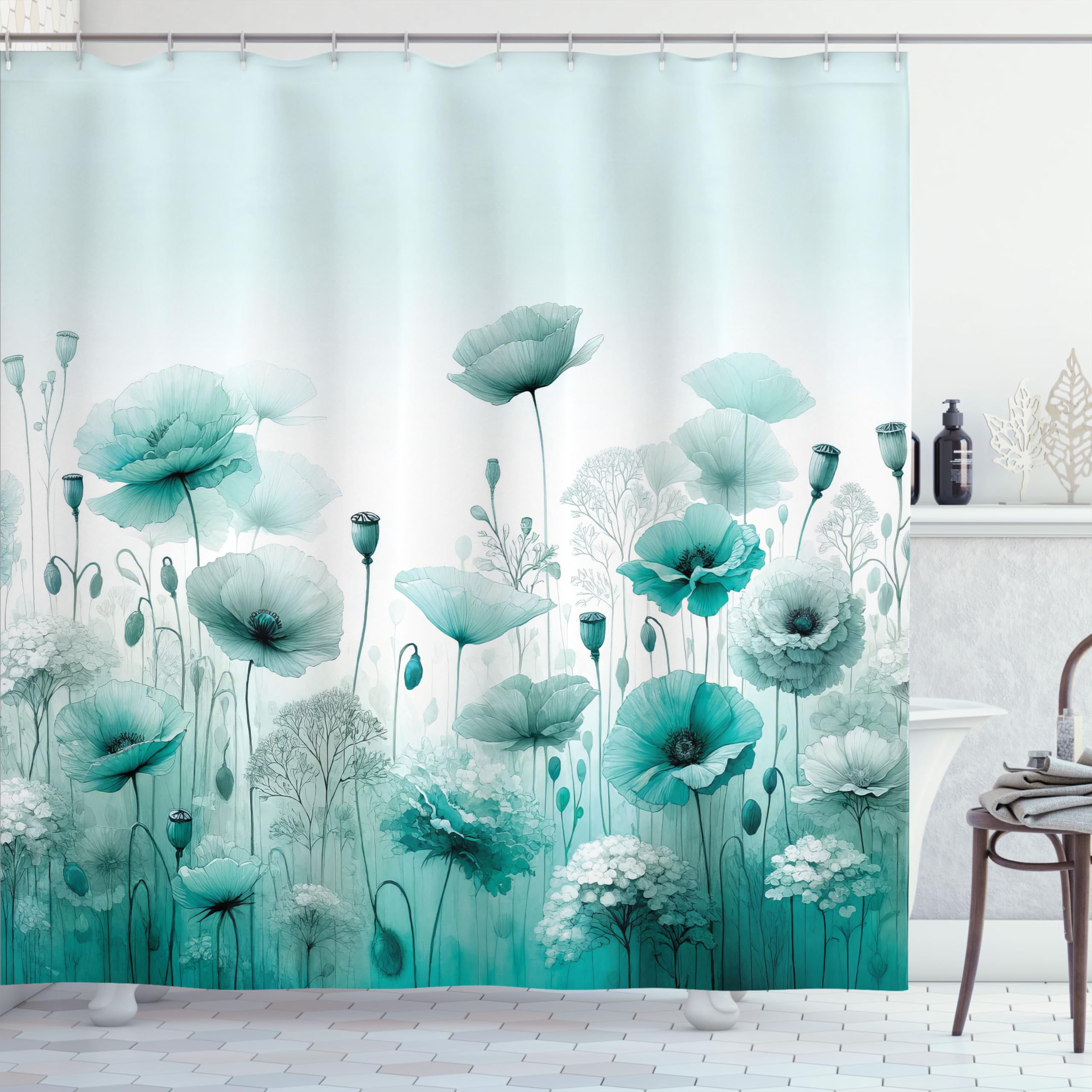 Ambesonne Turquoise Shower Curtain, Chill Atmosphere Of Flowering Poppy Scene With Oceanic Green Tones, Cloth Fabric Bathroom De